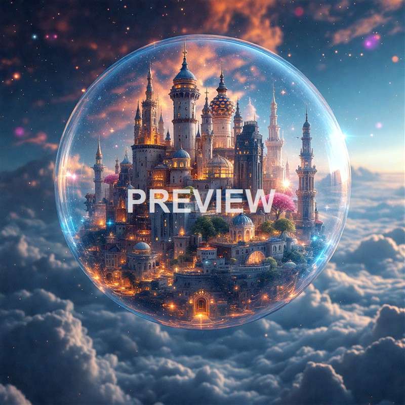 A fantastical city with tall, ornate towers and glowing lights, enclosed within a large transparent sphere floating among clouds and starry sky.